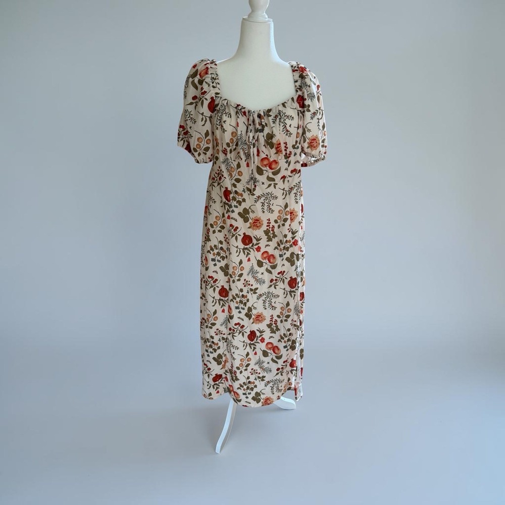 Cider Autumn Fruit Print Cottagecore Puff Sleeve Midi Dress XL Cream Floral